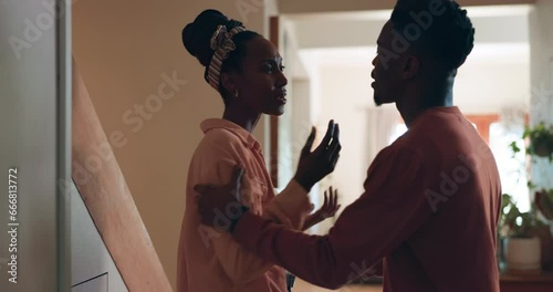 Stress, divorce and couple fight in their home angry or frustrated by liar, cheat or abuse. Marriage, conflict or black people argue about toxic relationship, domestic violence or jealousy or anxiety