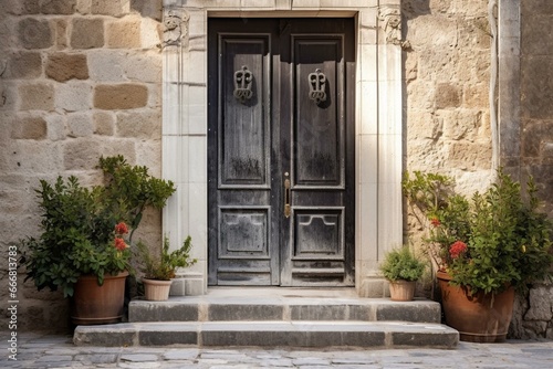 Stately home entrance, gray metal door, stone walls. Athens, Greece. Generative AI