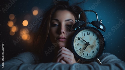 Insomnia at night concept, Selective focus at the time in alarm clock and the person covering her face because can not sleep as background