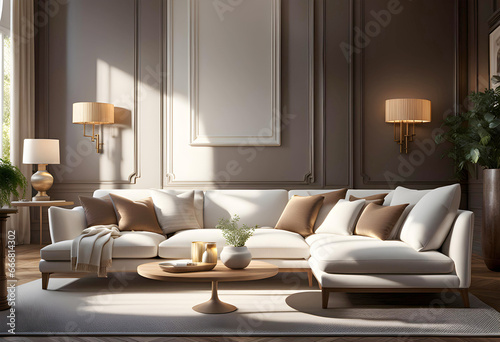 stylish modern room interior with a large light sofa  poster mockup with a white frame on a wall background  a comfortable place to relax at home.