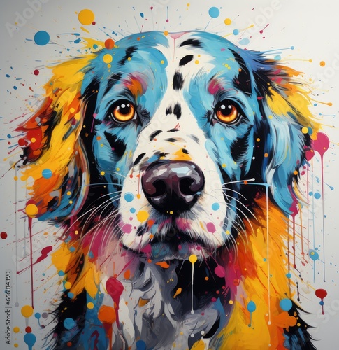 illustration colorful dog head with its vibrant and lively hair stands out against the background, colorful puppy