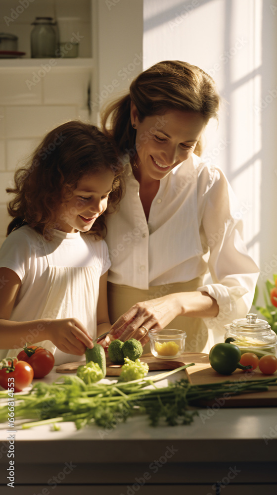 Weekend Delight in a Luminous Kitchen  Family Weaving Culinary Magic with Fresh Green Veggies