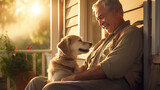 Happy elderly man sits with his beloved dog on the porch of his house.