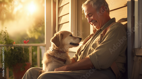 Happy elderly man sits with his beloved dog on the porch of his house. photo