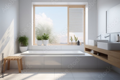 Luxurious bathroom interior with bathtub and beautiful view