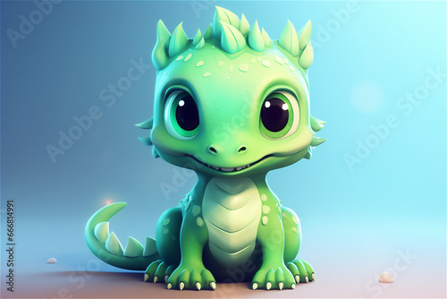 Super cute green little baby dragon with big black eyes. Fantasy monster. Funny character © Elena