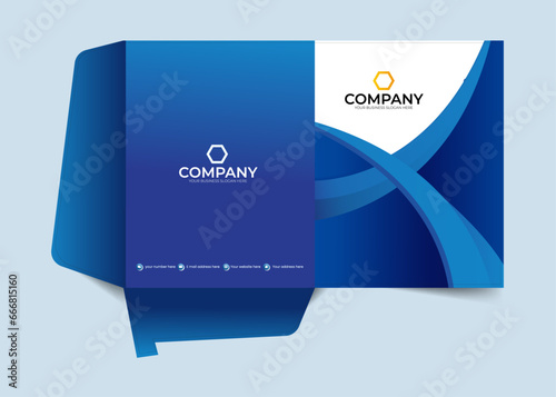 Business presentation folder template for corporate office with blue and black color, filing file folder, project file folder design, patient file folder design in illustrator