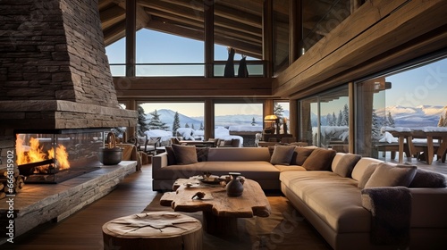 Spacious interior with large windows in a house in the mountains, in winter. Generation AI