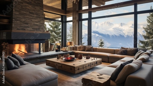 Spacious interior with large windows in a house in the mountains, in winter. Generation AI © Terablete