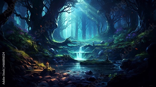 Fantasy forest landscape with a river. AI generation © Terablete