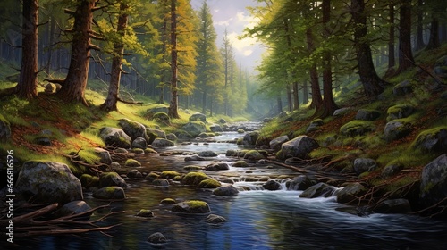 Fantasy forest landscape with a river. AI generation