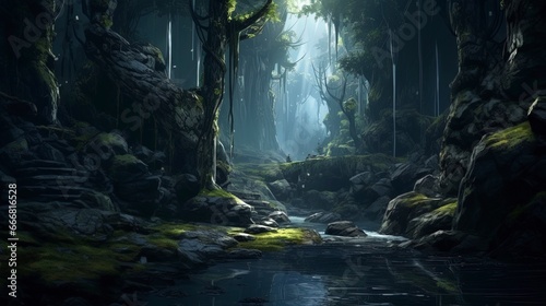 Fantasy forest landscape with a river. AI generation
