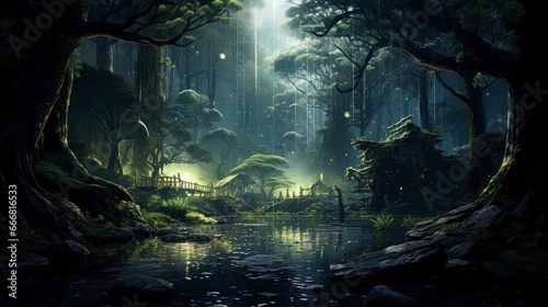 Leinwand Poster Fantasy forest landscape with a river. AI generation
