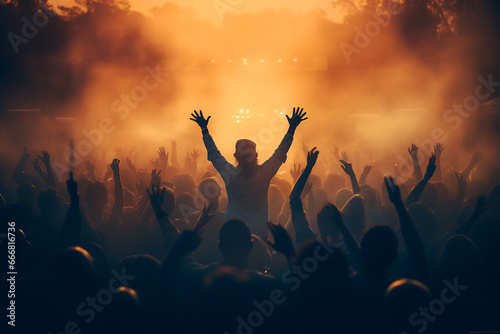 Concert crowd with colorful stage lights and confetti 