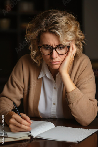 young woman is sad at the table with documents. the girl has problems with taxes. bankruptcy.