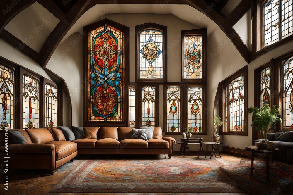 A panoramic view of a Canvas Frame for a mockup in an old living room, showcasing tall, narrow windows with stained glass details filtering in a kaleidoscope of colors