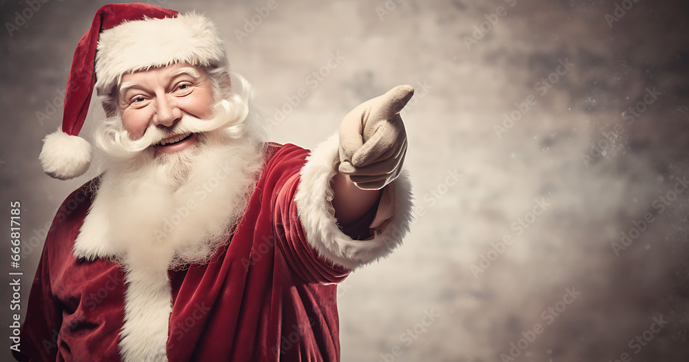 Fototapeta premium Happy Santa Claus pointing with copy space