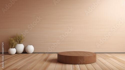 Circle podium wooden desk, background with painted wall