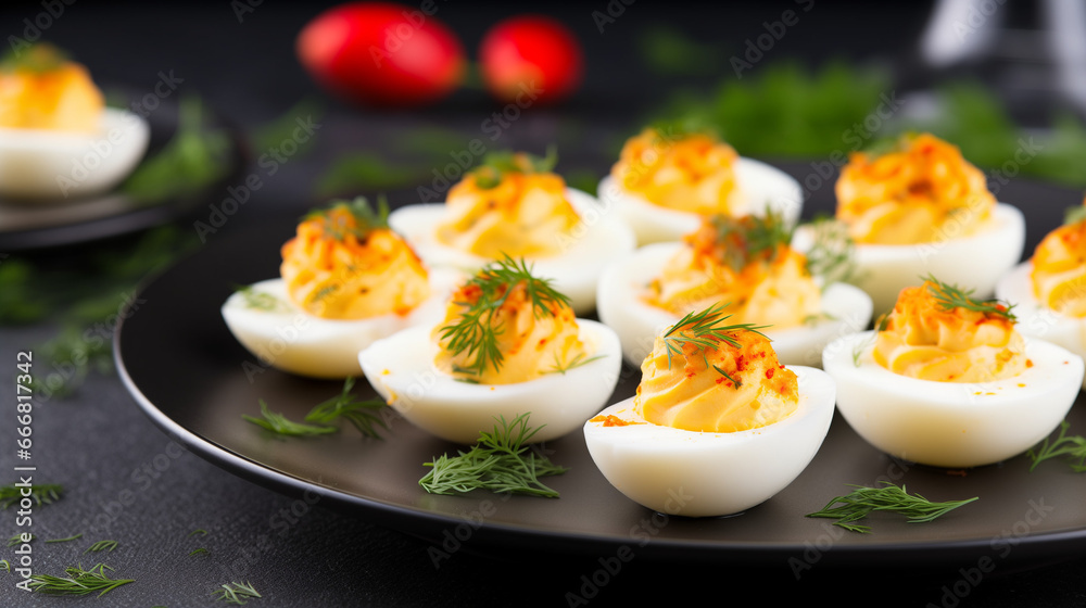 A platter of delicious deviled eggs. Generative AI. A platter of delicious deviled eggs. Generative AI.