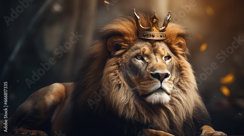 Wild lion animal with crown in head  blurred nature background. AI generated image