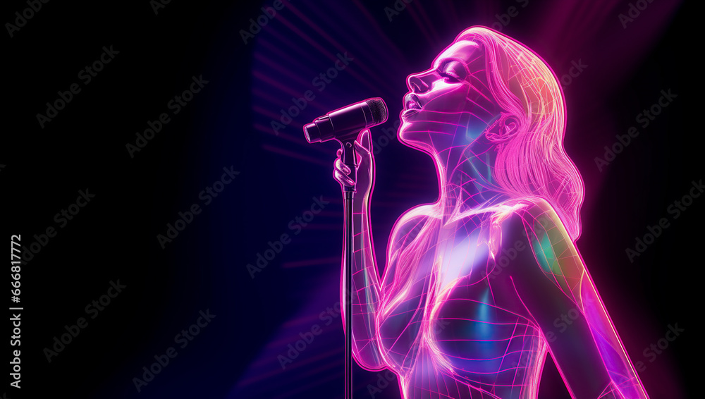 Hologram female singer performing in futuristic concert