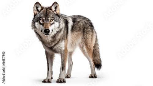 Furry dangerous iberian wolf in white background. AI generated image photo