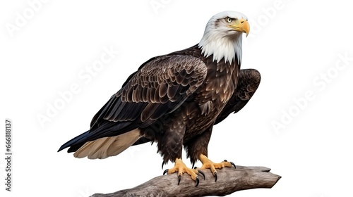 Bald eagle bird on branch isolated white background. AI generated image