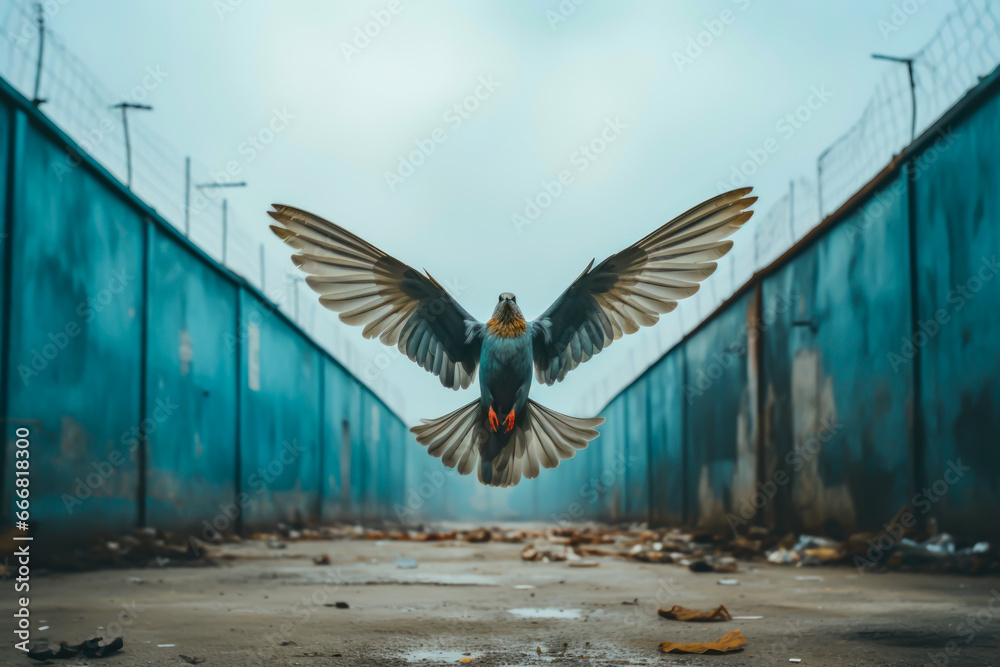a pigeon with open wings inside an open-air prison corridor, freedom concept - obrazy, fototapety, plakaty 