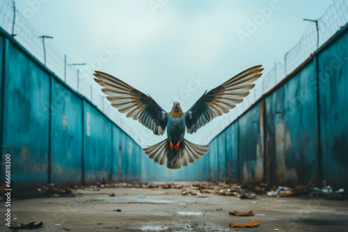 a pigeon with open wings inside an open-air prison corridor, freedom concept