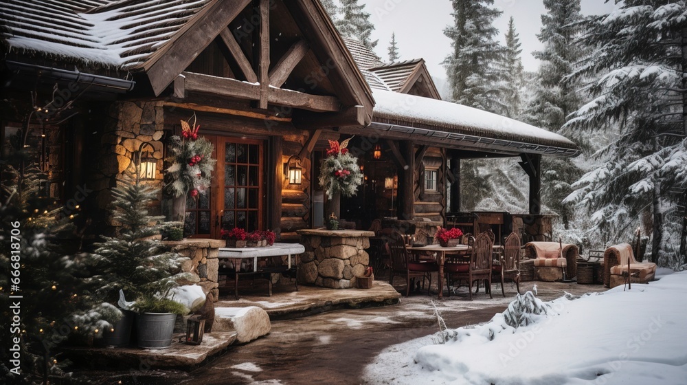 Fototapeta premium Wooden country chalet in the mountains in winter. Generation AI