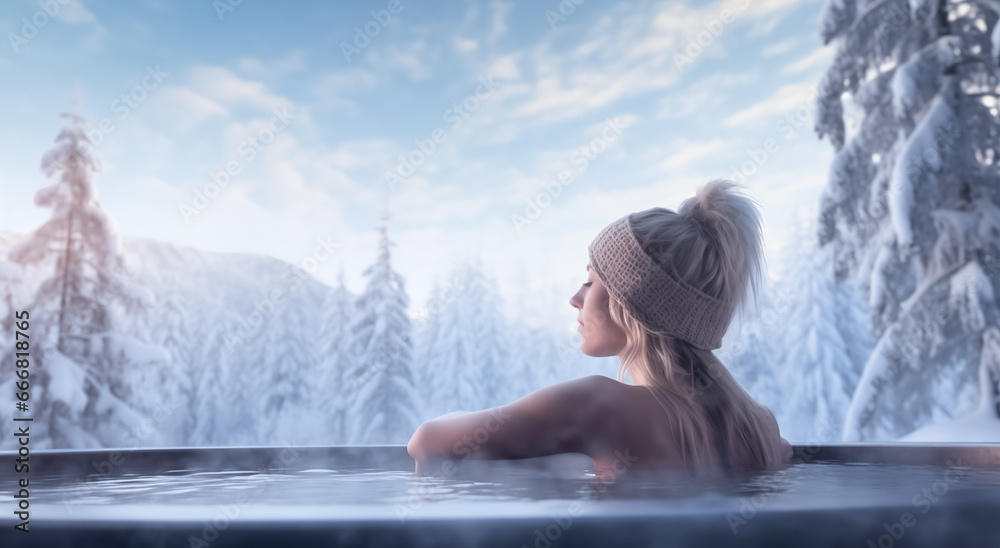 Young woman in hot tub in bathtub jacuzzi outdoors at winter day. Woman relaxing in outdoor hot tub and enjoying snowy winter forest landscape at spa resort
 - obrazy, fototapety, plakaty 
