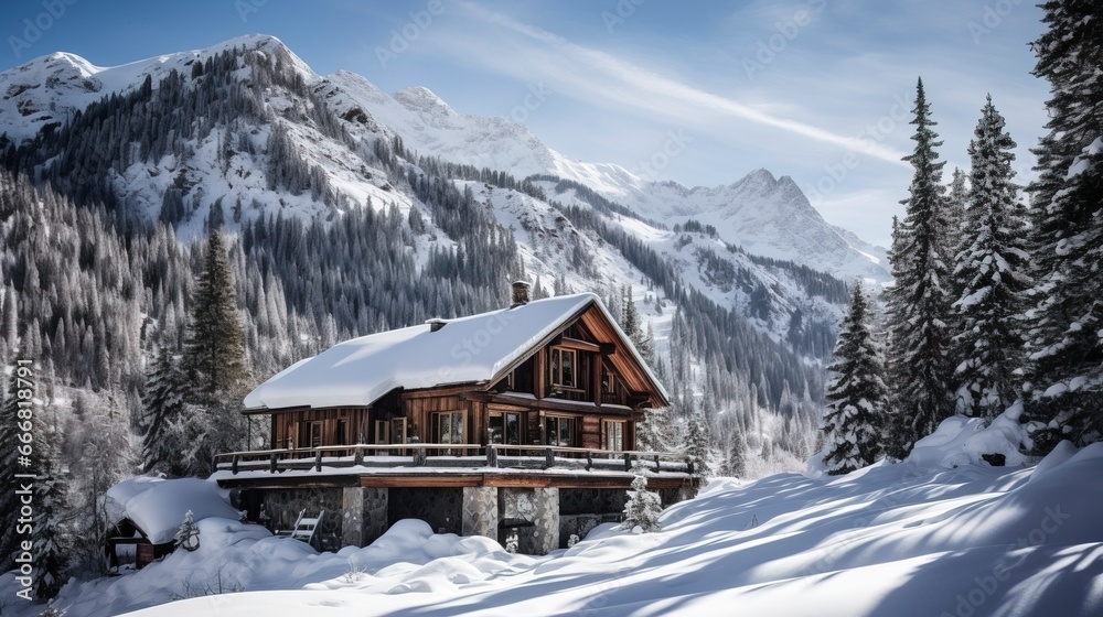Wooden country chalet in the mountains in winter. Generation AI