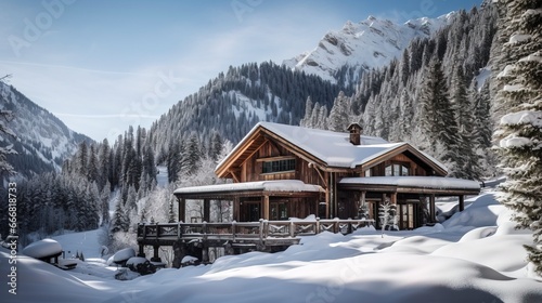 Wooden country chalet in the mountains in winter. Generation AI © MiaStendal