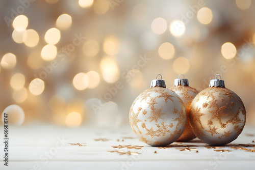 holiday illumination and decoration concept - Christmas baubles bokeh lights