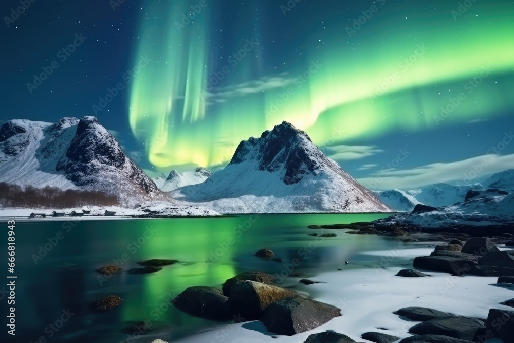 Aurora borealis over snowy mountains