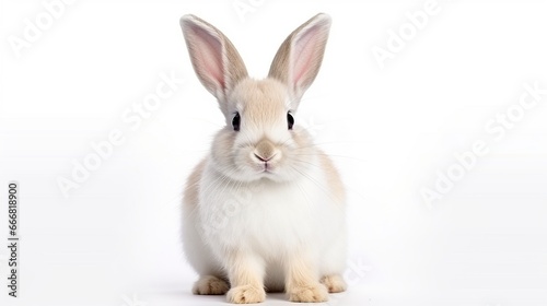 Beautiful white fluffy rabbit in white background. AI generated image © prastiwi