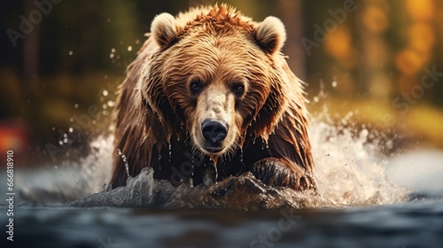 Big male brown bear animal in the forest on blur background. AI generated image © prastiwi