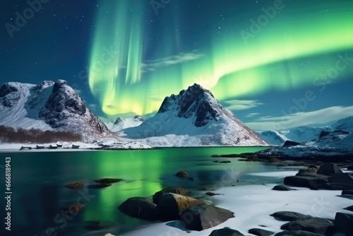 Aurora borealis over snowy mountains