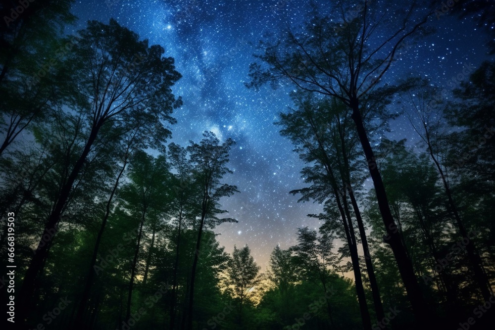A night scene with starry sky and trees in the foreground, and a blue sky with stars in between the trees. Generative AI