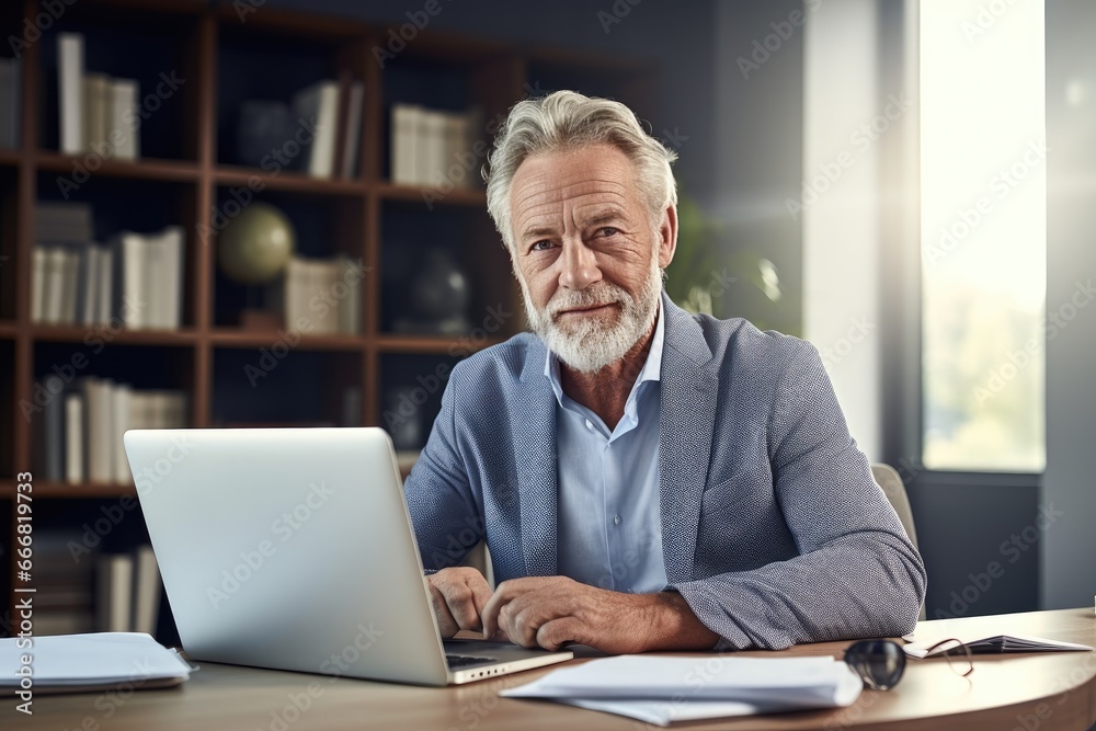 Elderly businessman working on his laptop. Elderly businessman working on his laptop.