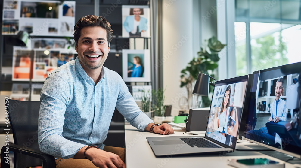 Businessman interacting with client using video call in office room Businessman interacting with client using video call in office room