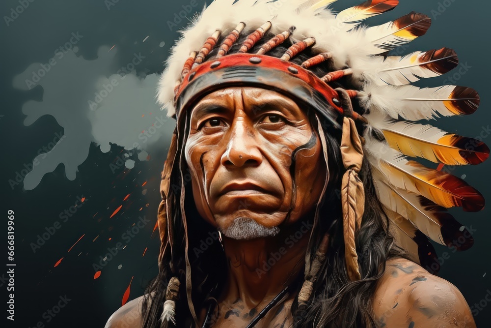 Portrait of a native American man with indian chief headdress. Historical Concept. Background with a copy space.