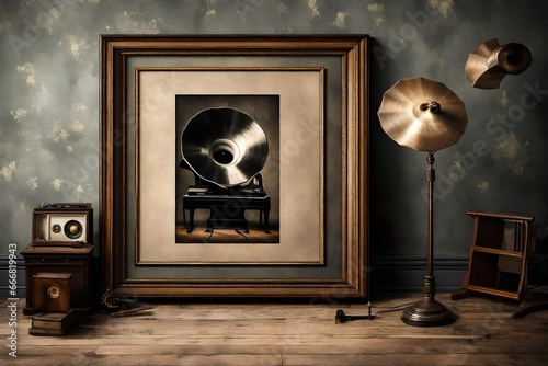 A Canvas Frame for a mockup in an old living room, where the ambiance of bygone days is accentuated by a wind-up gramophone playing a hauntingly beautiful tune