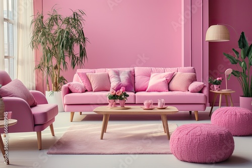 Modern  pink living room. Light interior.