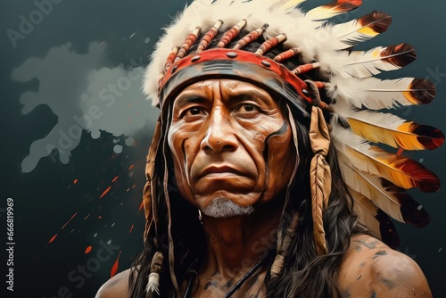 Portrait of a native American man with indian chief headdress. Historical Concept. Background with a copy space.