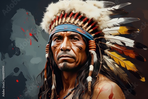 Portrait of an American indian man with traditional headdress. Historical Concept. Background with a copy space. photo
