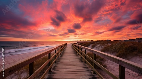 The wooden bridge extends onto the sandy beach  under a sky painted with shades of orange and pink
