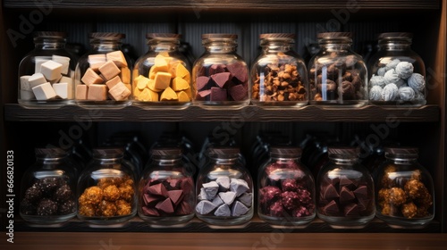 Shelves are lined with a variety of gourmet chocolates