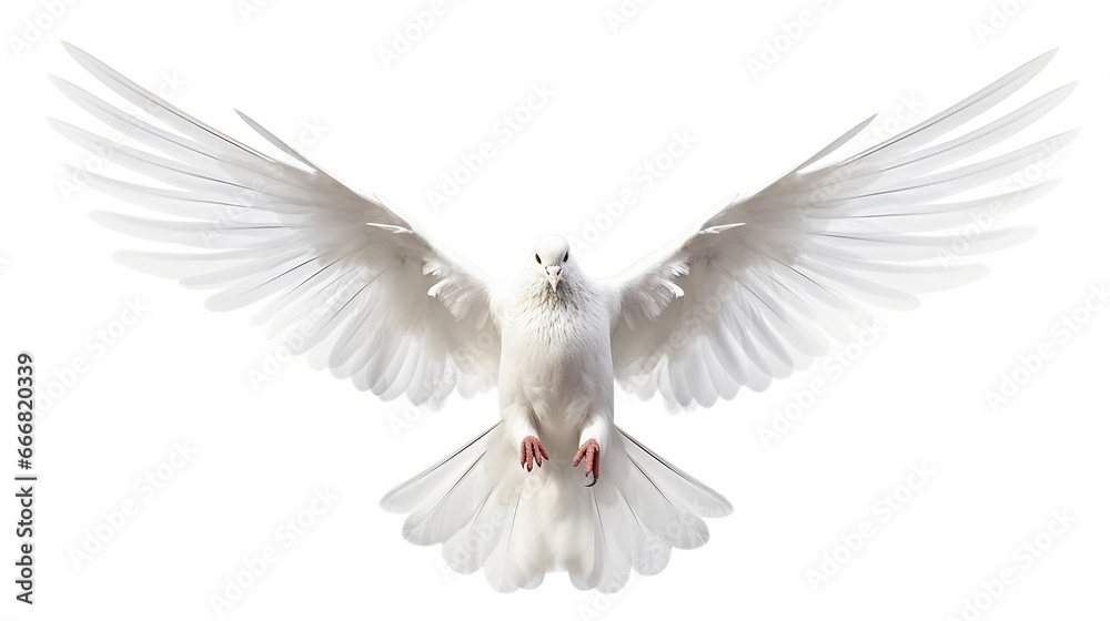 Beautiful Flying white dove isolated on a white background. AI generated image - obrazy, fototapety, plakaty 