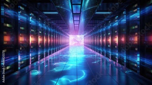 Rows of computer servers fill the open datacenter, with screens displaying lines of code, highlighting the heart of technology